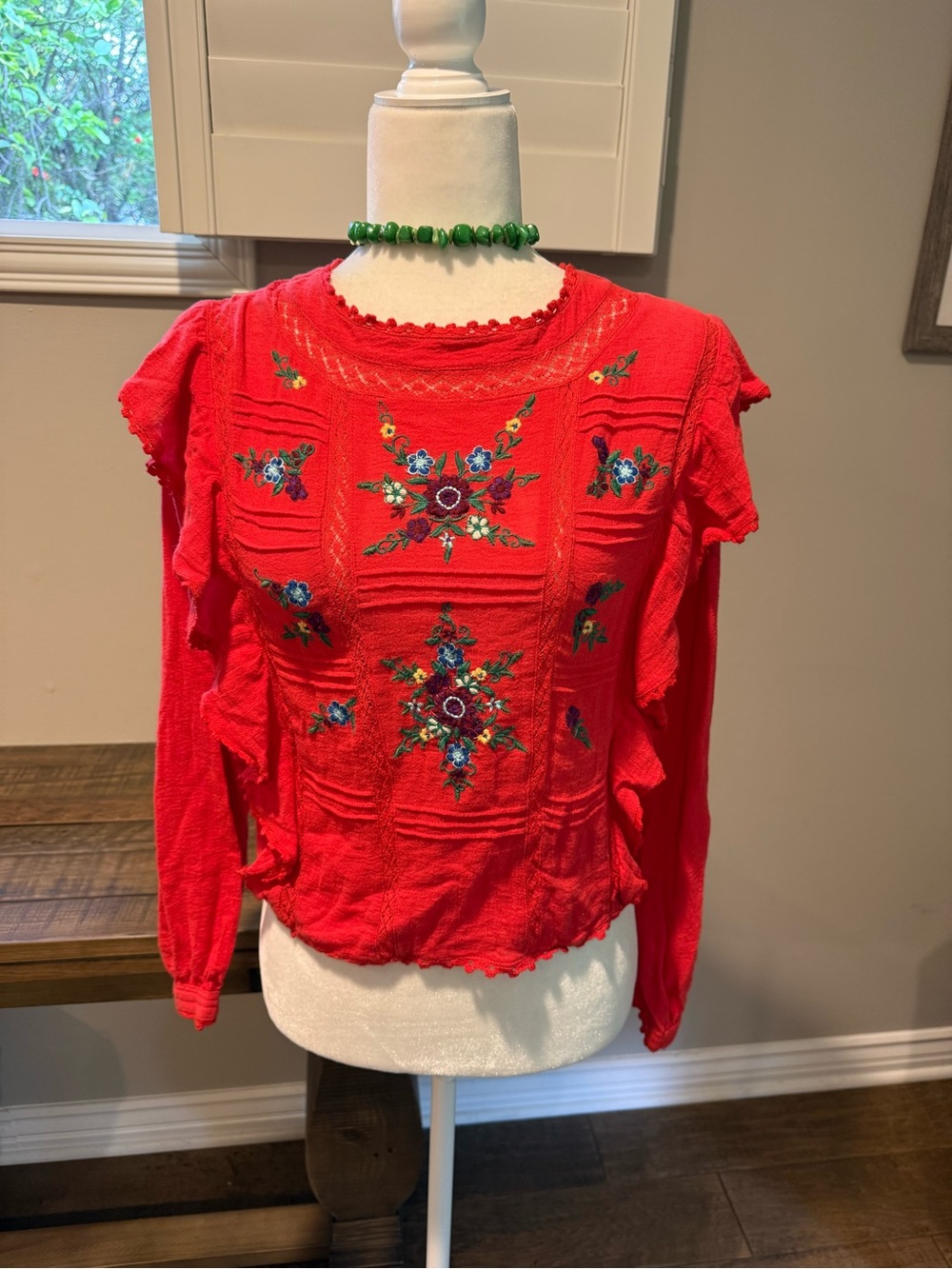 Vintage Coral Embroidered Ruffle Sleeve Women's Top